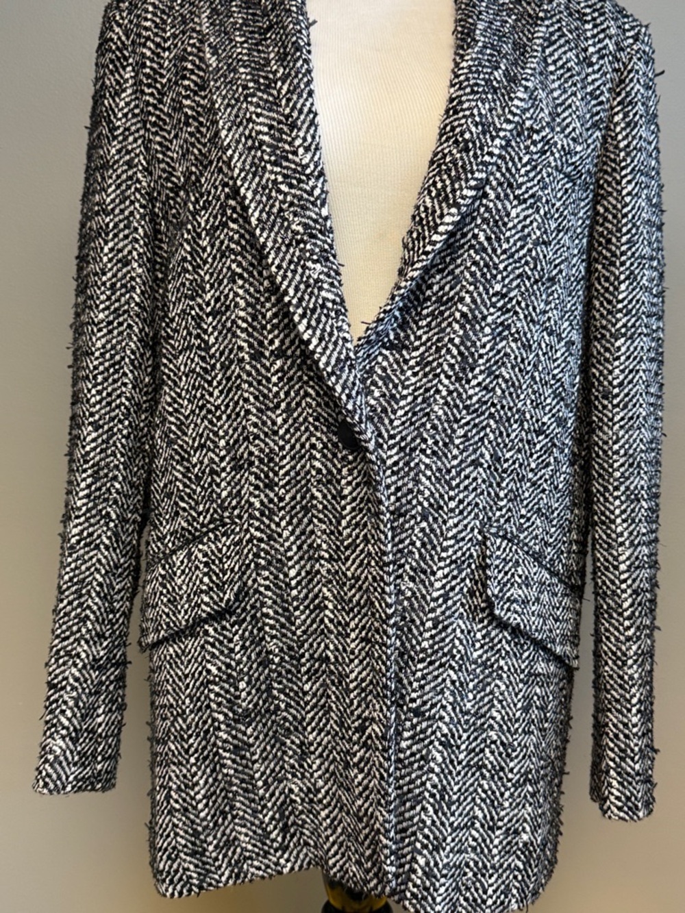 Rag & Bone Herringbone Wool Blazer Black White Size 12 - Picture 3 of 7